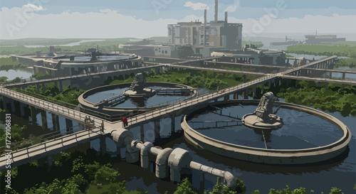 Futuristic Cityscape Sustainable Water Treatment Plant on a Sunny Day