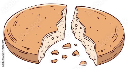 Cartoon illustration of a round cookie or bread broken in half with crumbs falling