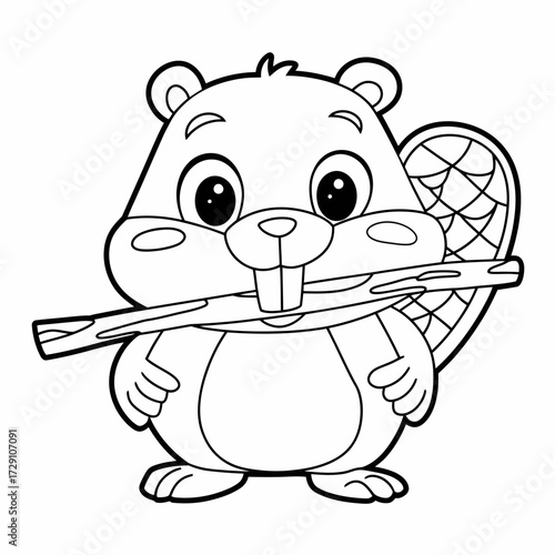 Charming black and white beaver illustration with stick scalable vector graphic silhouette white background
