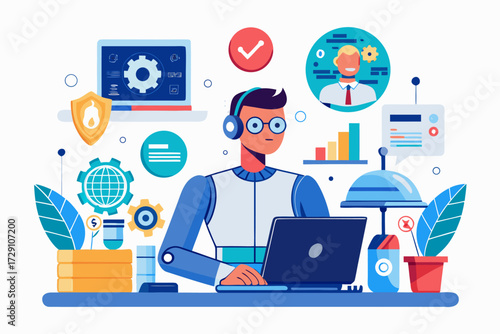 
Modern digital workspace showing artificial intelligence technology with holographic data analytics and virtual dashboards. A professional working on a laptop surrounded by futuristic AI visualizatio