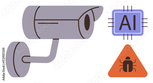 Security camera monitoring system combined with AI chip and a triangular alert sign indicating potential cyber risk or system bug. Ideal for technology, cybersecurity, AI ethics, surveillance, risk