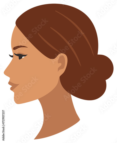 Profile of a woman with brown hair in a bun and simple makeup, side view