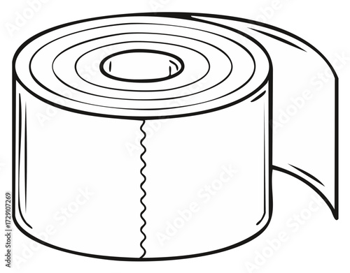Clean lined illustration of a roll of tape with a torn edge and unspooling strip