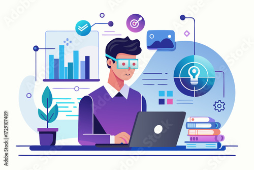 
Modern digital workspace showing artificial intelligence technology with holographic data analytics and virtual dashboards. A professional working on a laptop surrounded by futuristic AI visualizatio