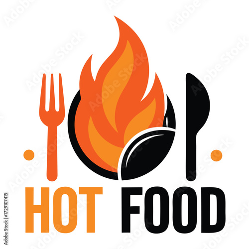 Fiery hot food logo featuring a fork and knife with vibrant flames symbolizing delicious spicy cuisine and restaurant branding