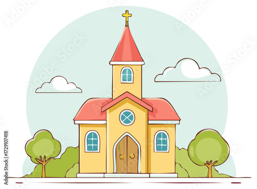 Charming Yellow Church with Red Roof and Cross Symbol Against Cloudy Sky