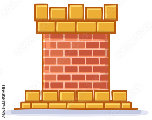 Cartoon illustration of a medieval castle tower wall with stone battlements and red bricks