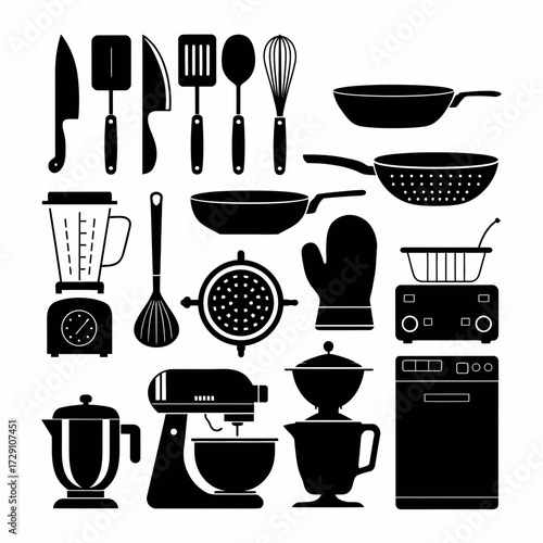 Vector illustration of kitchen utensils appliances and cookware for design projects silhouette white background