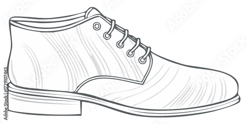 Black and white vector line drawing of a classic men's ankle boot or chukka boot with texture