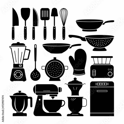 Black and white vector illustration of kitchen utensils and appliances for culinary projects silhouette white background