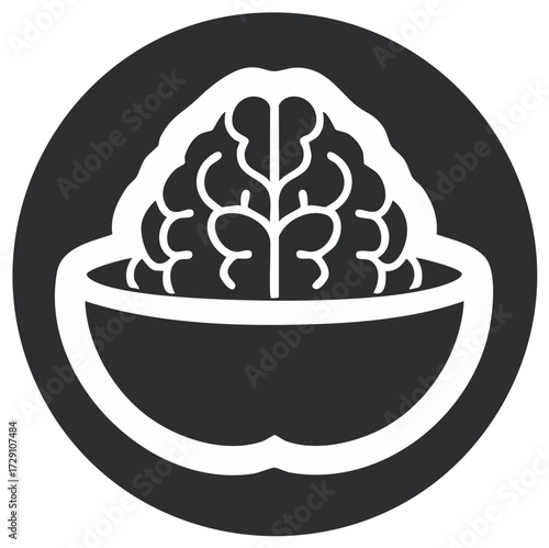 Stylized Brain Silhouette in Bowl against Dark Circular Shape Illustration