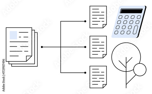 Connected stack of documents branching into separate files alongside a calculator and minimal tree shape. Ideal for accounting, planning, organization, analysis, finance, business strategy