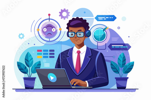 
Modern digital workspace showing artificial intelligence technology with holographic data analytics and virtual dashboards. A professional working on a laptop surrounded by futuristic AI visualizatio