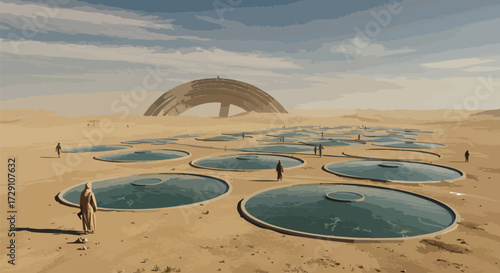 Futuristic Desert Oasis with Circular Water Pools and Alien Architecture