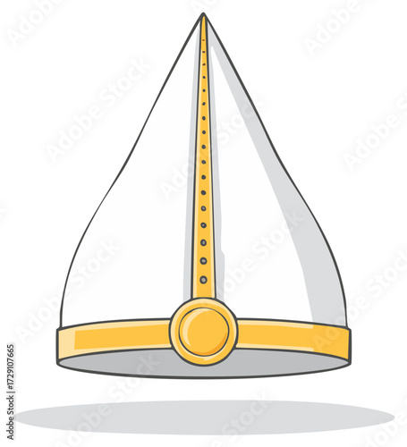 Illustrated white miter hat with gold trim and decorative dots for religious ceremony