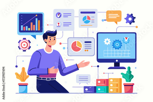 
Modern digital workspace showing artificial intelligence technology with holographic data analytics and virtual dashboards. A professional working on a laptop surrounded by futuristic AI visualizatio