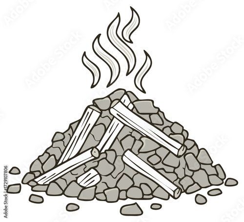 Cartoon illustration of a bonfire with burning logs and smoke.