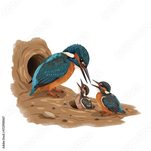 Kingfisher Family Feeding Chick in Burrow Nest Vector - Nurturing Wildlife Illustration