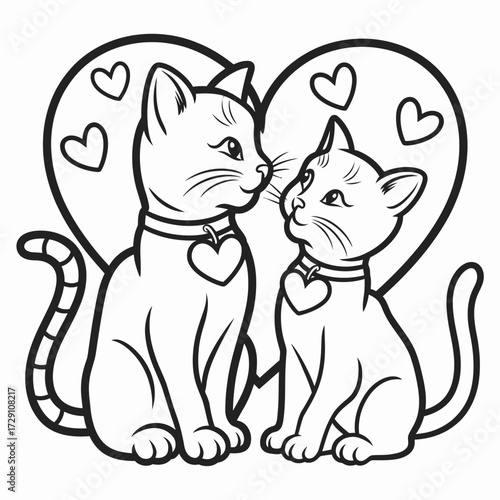 Adorable black and white vector illustration of two cats in love with hearts silhouette white background