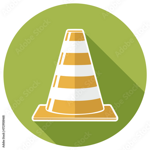 Striped Traffic Cone with an extended shadow against a round Green background as a work sign