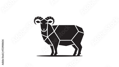 Bold geometric ram silhouette for modern logo design projects, strong and powerful symbol, perfect for sports teams or branding with an edgy, contemporary aesthetic, striking black and white