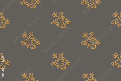 Ikat embroidered floral pattern on grey background. Traditional ethnic ikat pattern. Abstract Aztec vector pattern. Seamless pattern.