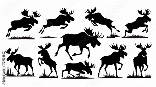 Collection of dynamic moose silhouette vector illustrations for wildlife and nature designs silhouette white background