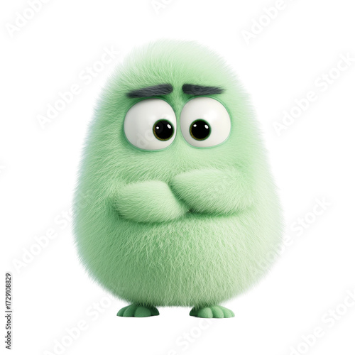 Fuzzy green cartoon character with wide eyes and crossed arms