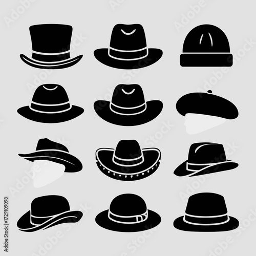 Collection of diverse stylish hats vector illustrations clean minimalist icons scalable graphics silhouette white background