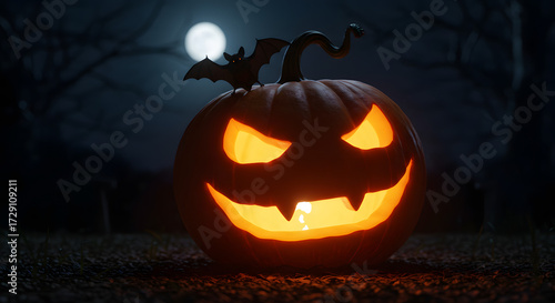 photo of a large pumpkin with a Halloween theme at night
