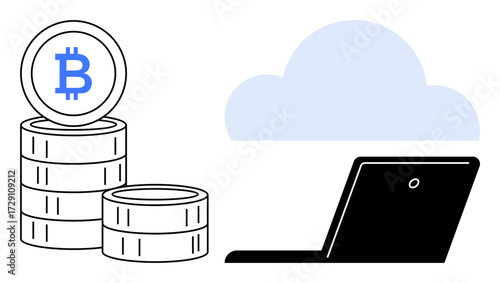 Bitcoin coins stacked near a laptop and a cloud symbol, representing cryptocurrency, online transactions, data storage, and blockchain. Ideal for fintech, trading, investment, savings security