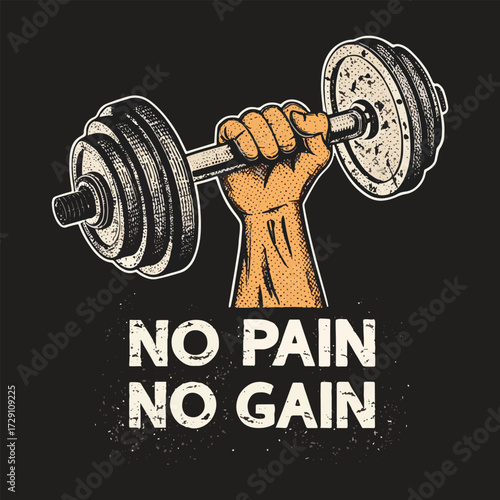 Hand holding a heavy dumbbell with text NOPAINOGAIN on black background Keywords: hand