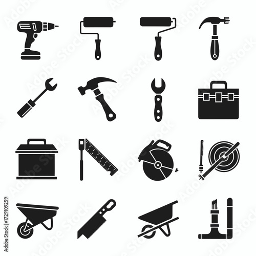 Modern grid of black silhouette construction and diy tools vector illustration scalable icon silhouette white background