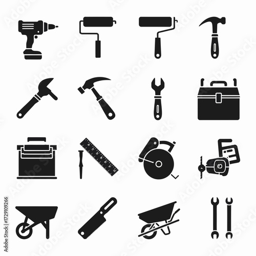 Modern clean grid silhouette icons of tools for diy and construction vector illustration silhouette white background