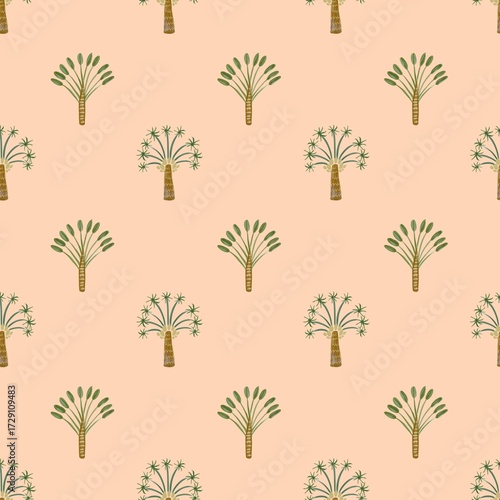 Seamless pattern watercolor sea coastal themed. Palm tree On peach background.