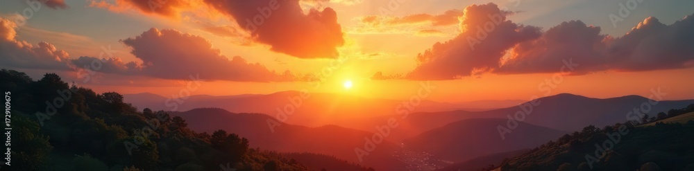 Fototapeta premium Golden sun setting behind hills with fluffy clouds in a mesmerizing evening sky, outdoors, atmosphere