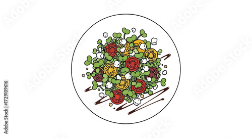 Fresh Colorful Salad with Tomatoes Greens and Feta Cheese Overhead View