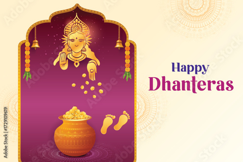 Goddess Lakshmi Blessing With Fortune Pot And Footprint On Pink Ethnic Shape Background. Dhanteras Festival Celebration Vector Illustartion 