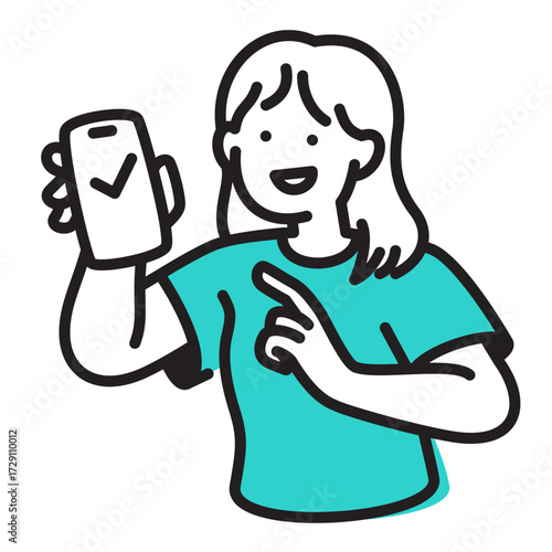Woman showing mobile phone with check