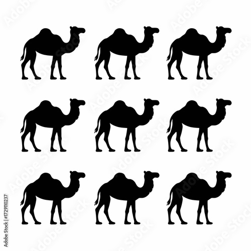 Collection of nine silhouette camel illustrations for versatile vector graphic design projects silhouette white background