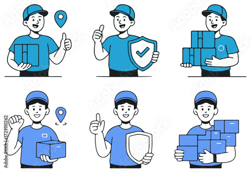 Delivery Man Cartoon Character Carrying Boxes and Handing Over Order Package – Online Shopping Delivery Vector Illustration Sets