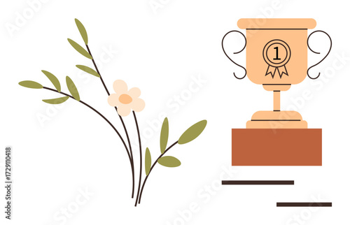 Trophy with first-place badge beside a blooming floral branch. Ideal for awards, recognition, success, growth, victory, leadership, and celebration. Clean simple flat metaphor