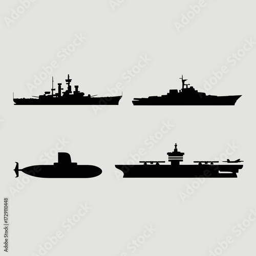 Vector illustration of four naval ships including aircraft carrier and submarine silhouettes silhouette white background