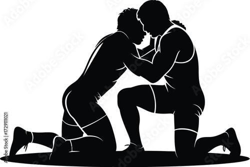 Wrestlers grappling black silhouette wrestling athletes