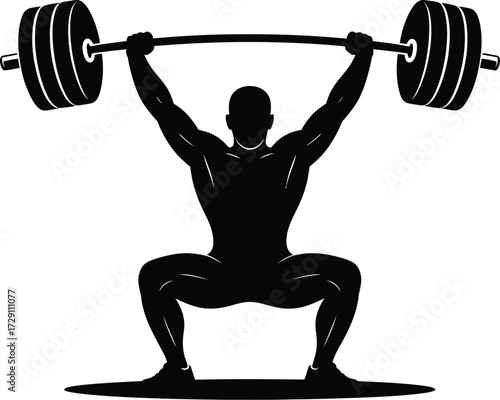 Muscular man lifting heavy barbell weightlifting strength
