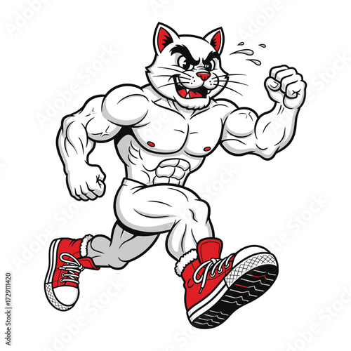 Muscular white cat running with red sneakers and determined expression