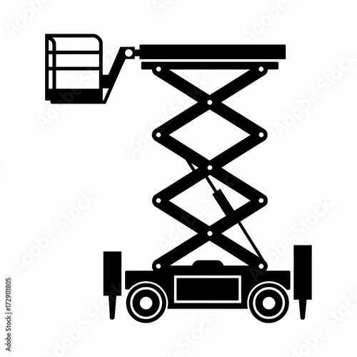Black and white illustration of a scissor lift aerial work platform construction equipment for elevated access solutions safety vector graphic