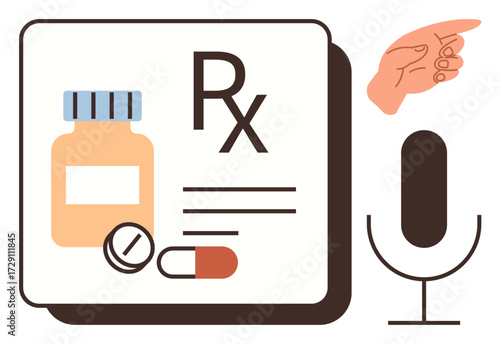 Medication bottle, pills, Rx symbol, microphone, and hand gesture signify online healthcare, medicine, telehealth, digital prescriptions, remote consultations and accessible healthcare services