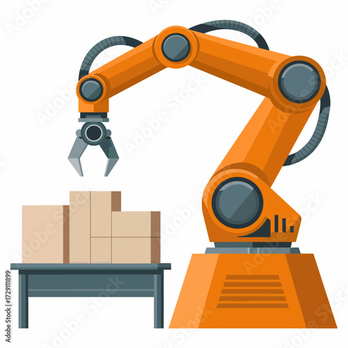 Automated robotic arm manipulating cardboard boxes modern industrial equipment packaging and handling technology for manufacturing and logistics industry