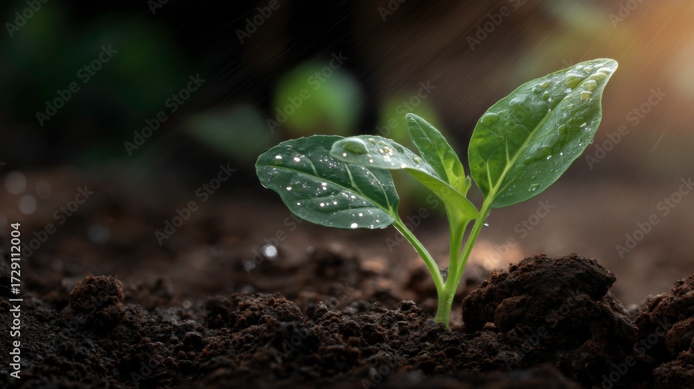 Fototapeta premium Emerging seedling growth garden soil nature photography sunlit environment close-up view life cycle concept